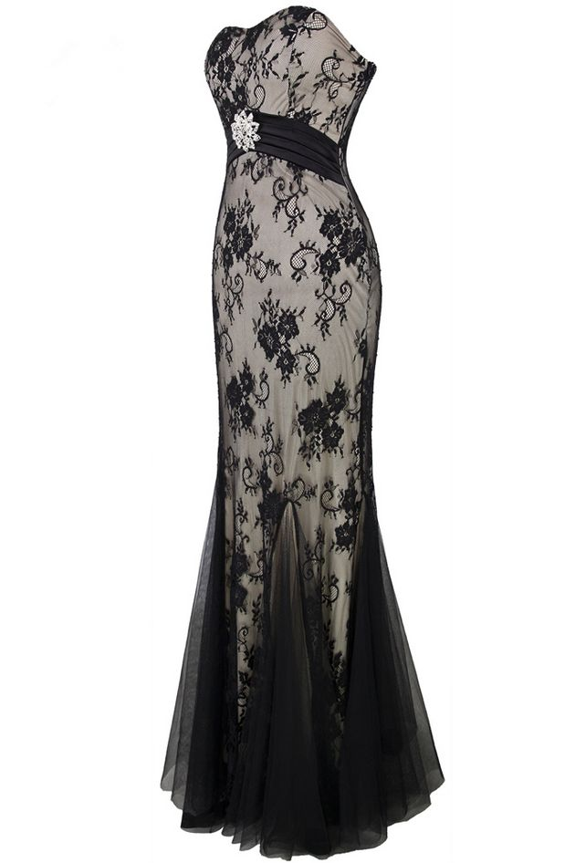 Trägerloses langes Abendkleid aus Spitze im Meerjungfrau-Stil, schwarz, Ballkleid J8328