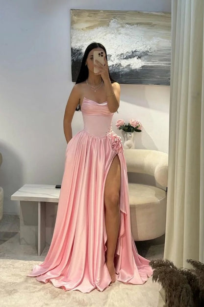 Robe de bal longue en satin rose bébé, décolleté en cœur, coupe trapèze, J8159