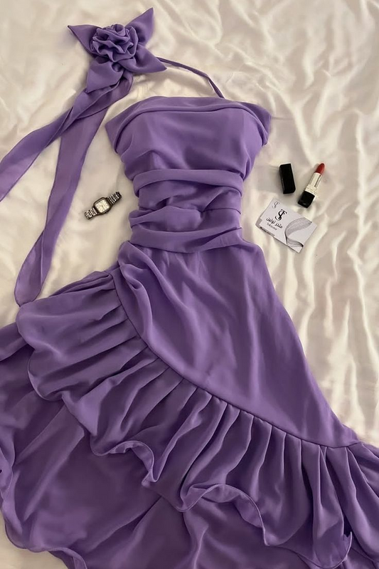 Purple Chiffon Ruffle Homecoming Dress Formal 16th Birthday Outfits J8117