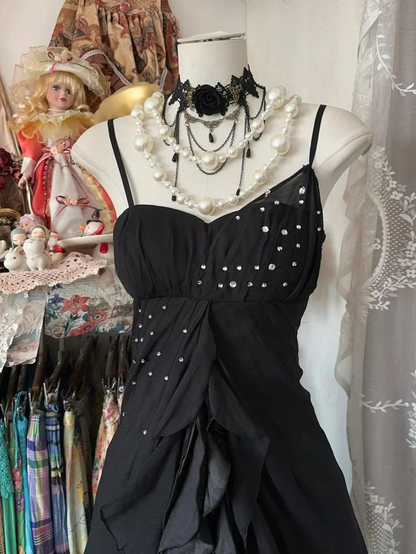 Black Chiffon Beaded Long Party Dress  A-line Prom Dress J8064