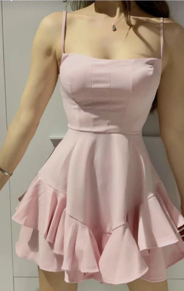Rosa A-Linien-Heimkehrkleid mit Spaghettiträgern J8090