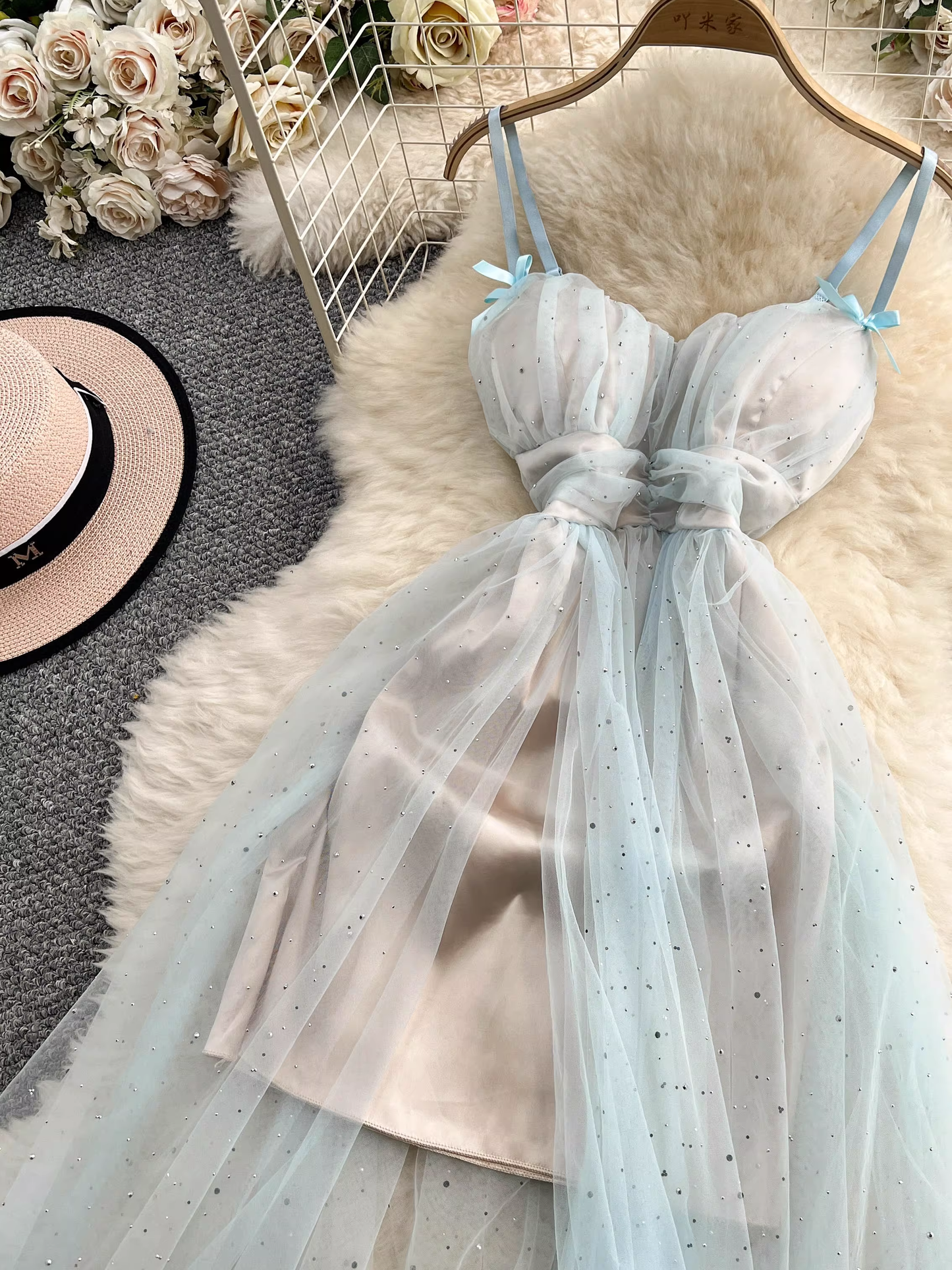 Fairy Tulle Bow Spaghetti Strap Summer Long Dress L43