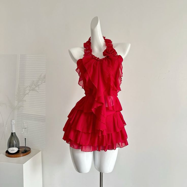 Halter A Line Chiffon Birthday Dress Ruffle Mini Dress J7486