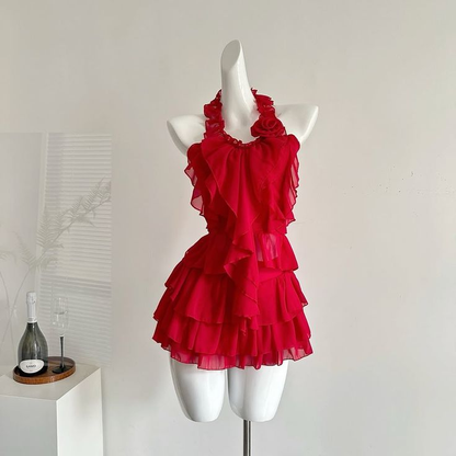 Halter A Line Chiffon Birthday Dress Ruffle Mini Dress J7486