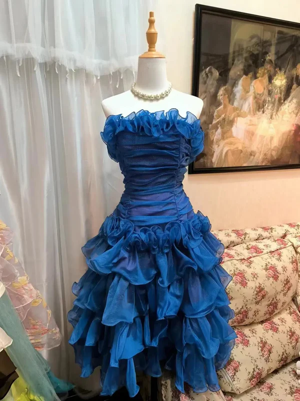 Strapless A Line Blue Prom Dress Layered Ruffle Party Gown J8263