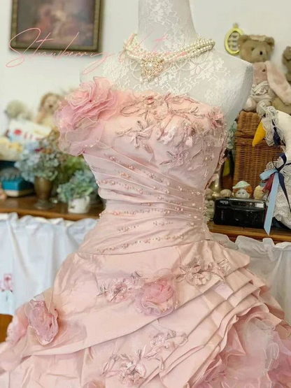 Pink 3d Flower Sweet 15 Quinceanera Ball Gown A-Line Birthday Dress Evening Dress J8066
