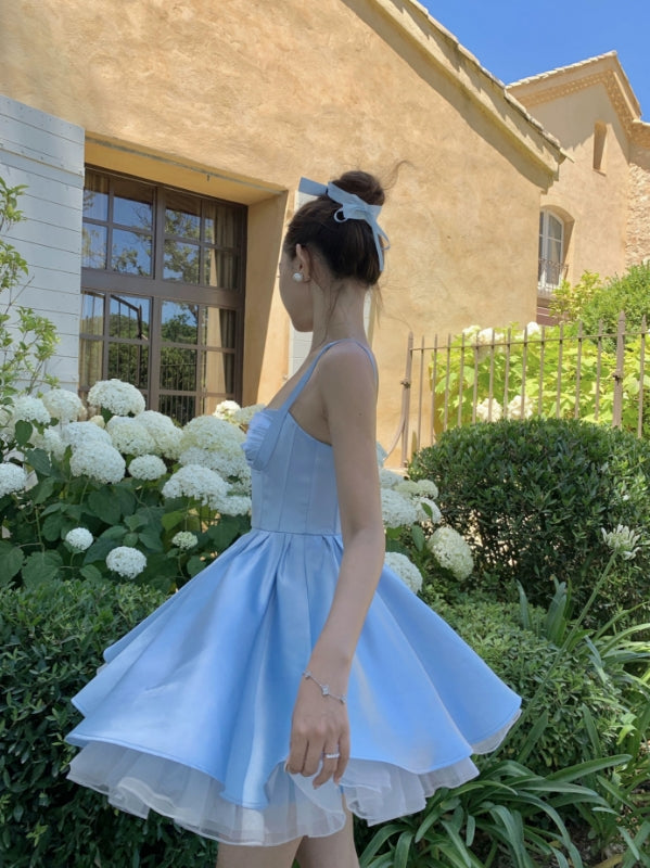 Robe de bal courte bleue en satin, coupe trapèze, tenue d'anniversaire, J8613