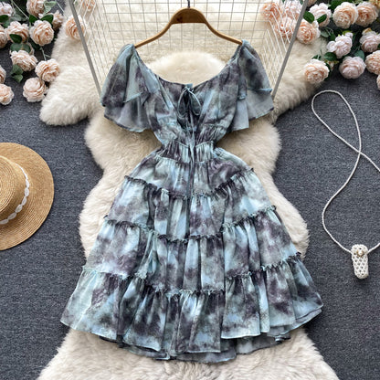 French Print Women Short Summer Dress  L9