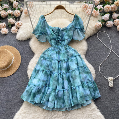 French Print Women Short Summer Dress  L9