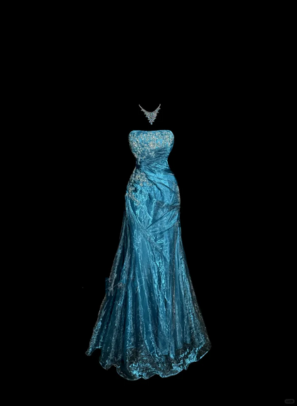 Vintage Mermaid Blue Long Prom Dress Strapless Tulle Gown J8861