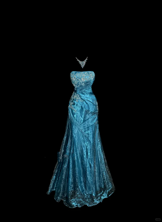 Vintage Mermaid Blue Long Prom Dress Strapless Tulle Gown J8861