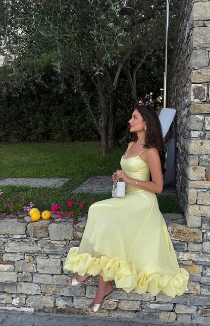 Robe de bal trapèze jaune à bretelles spaghetti, robe d'invitée de mariage formelle J7831