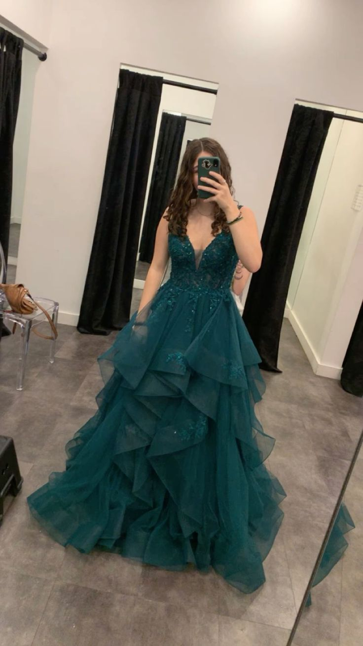 V Neck Tulle Long Prom Dress Dark Green Ruffle Graduation Dress J8178 – JulyProm