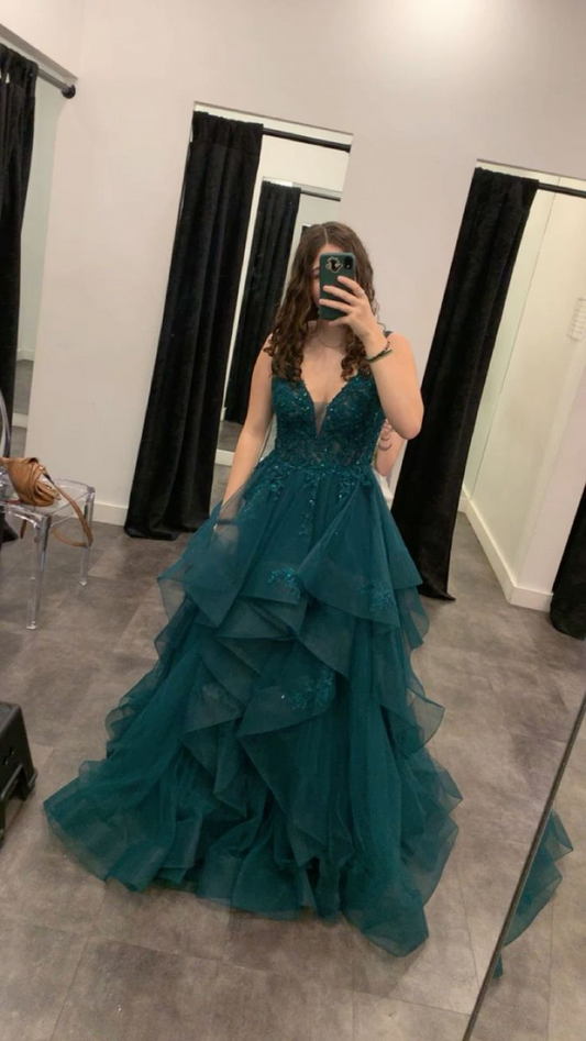 V Neck Tulle Long Prom Dress Dark Green Ruffle Graduation Dress J8178