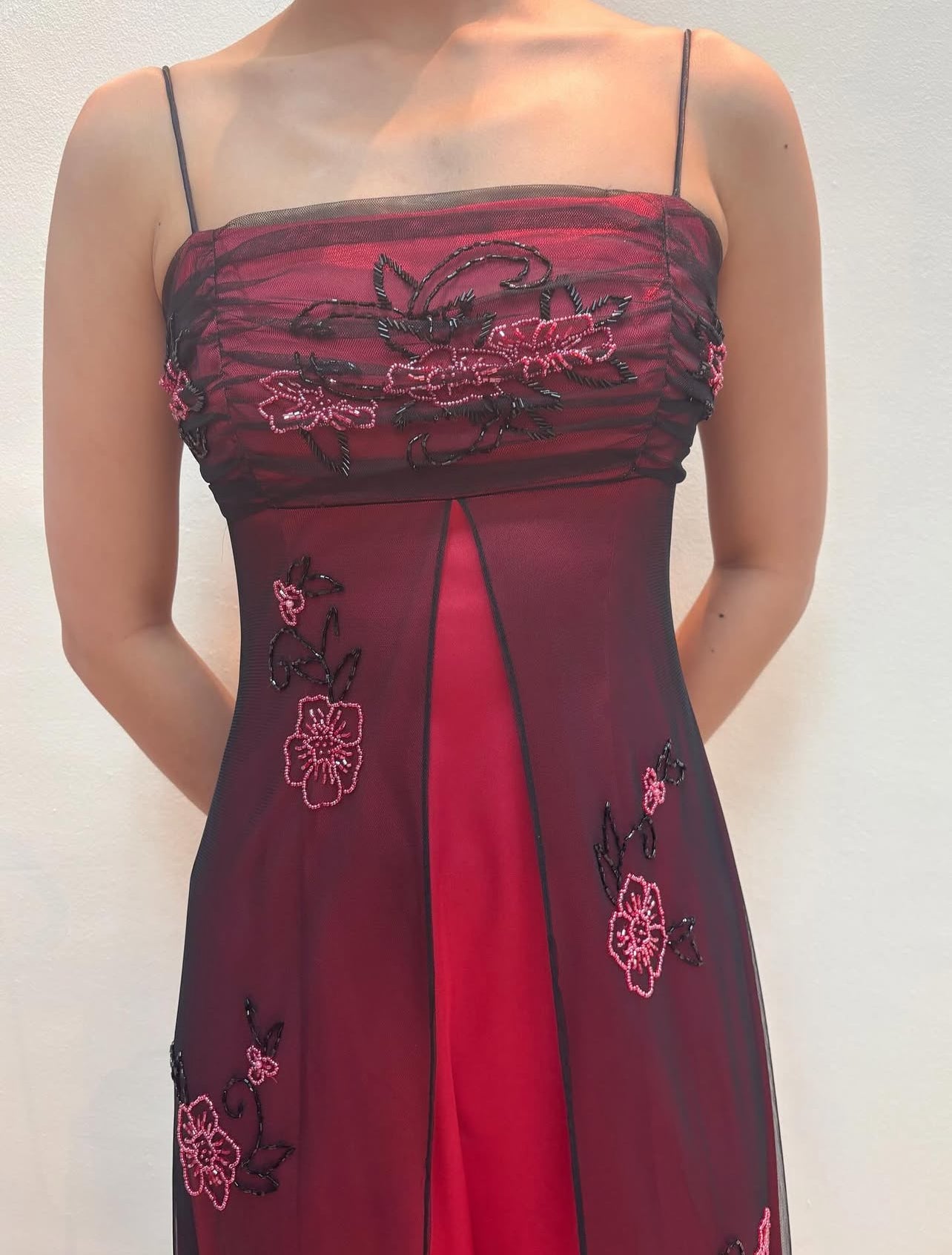 Spaghetti Straps Red Long Prom Dress Beaded Vintage Dress J8559