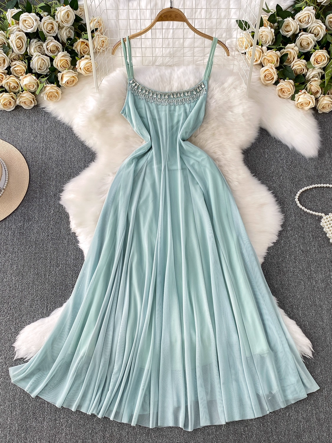 Light Blue Spaghetti Strap Dress Mesh Holiday Maxi Dress L44