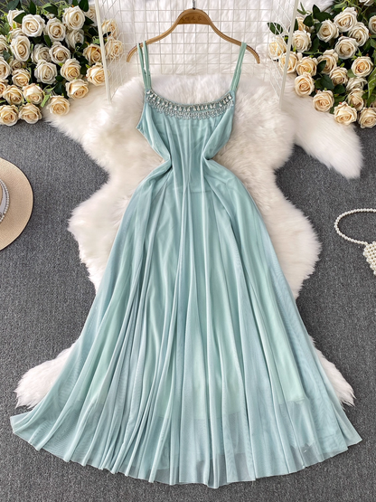 Light Blue Spaghetti Strap Dress Mesh Holiday Maxi Dress L44