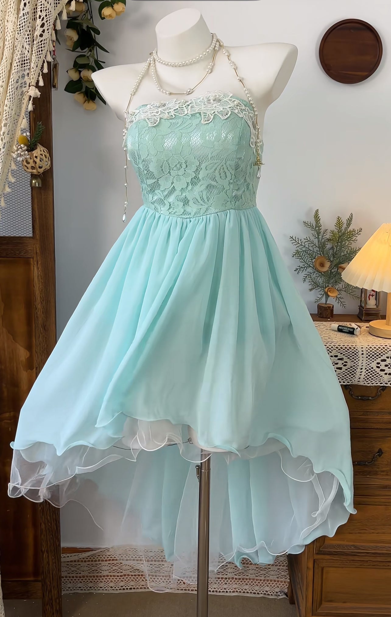 A Line Blue Chiffon Prom Dress Lace Homecoming Dress J8912