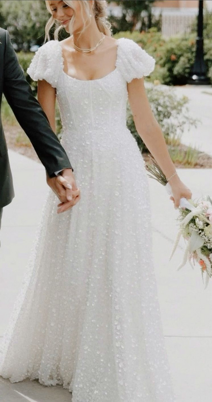 A Line White Sequin Wedding Dress Elegant Bridal Dress J8136