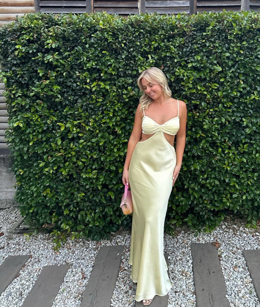 Spaghetti Straps Yellow Satin Long Prom Dress Sheath Evening Dress J8015