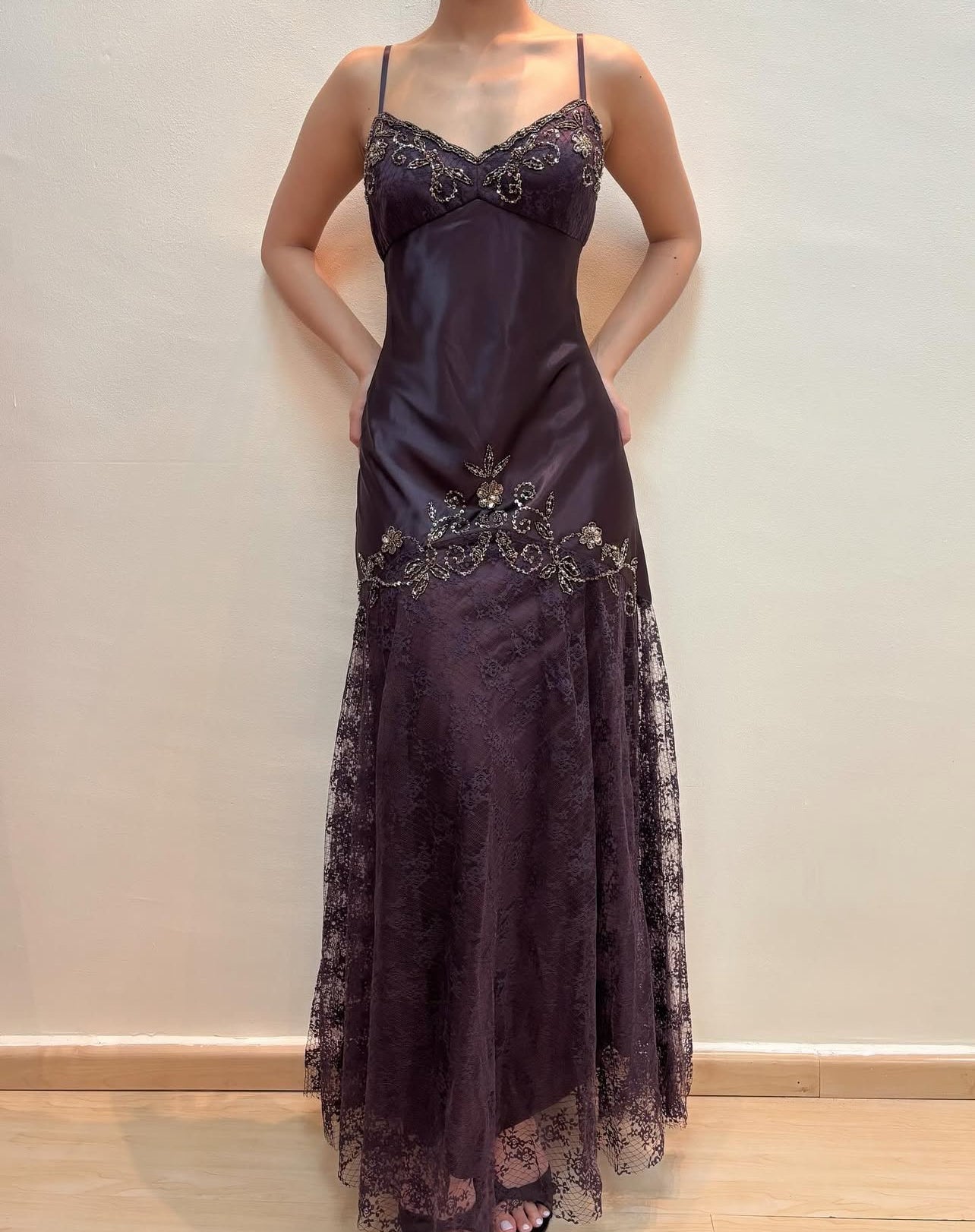 Spaghetti Straps Dark Purple Lace Vintage Dress Beaded Evening Party Dress J8564