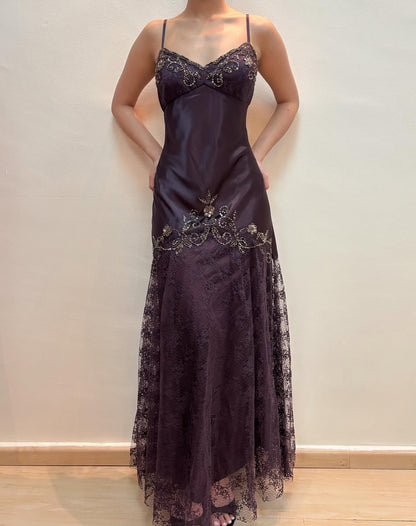 Spaghetti Straps Dark Purple Lace Vintage Dress Beaded Evening Party Dress J8564