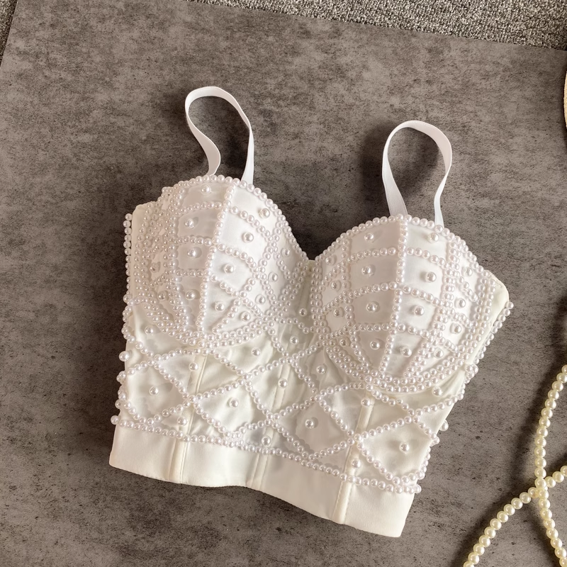 Haut corset court à bretelles spaghetti et perles sexy L41