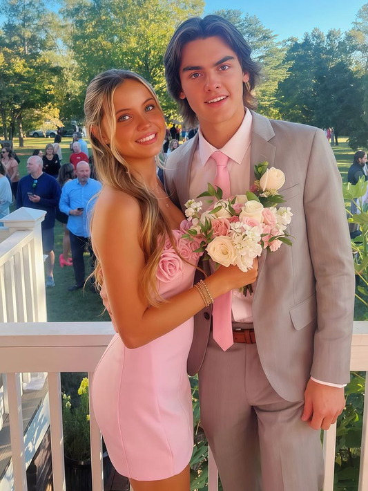 Trägerloses Etuikleid in Rosa, kurzes Geburtstagskleid J7509