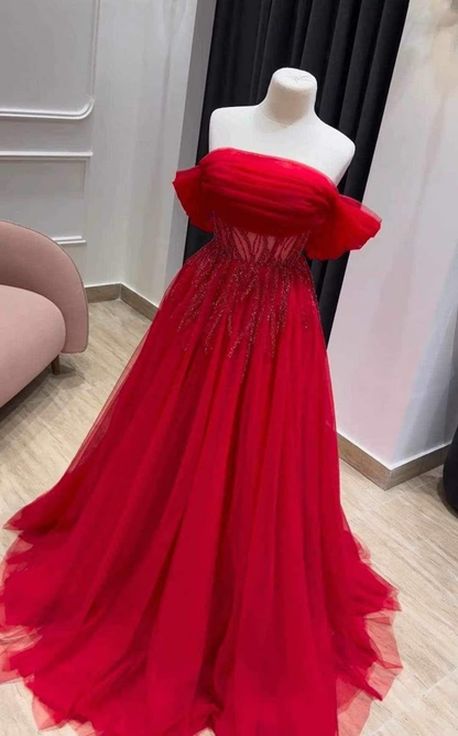 Rotes schulterfreies langes Ballkleid Abendkleid J7250