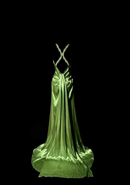 Backless Green Mermaid Satin Long Prom Dress Elegant Evening Dress J7991