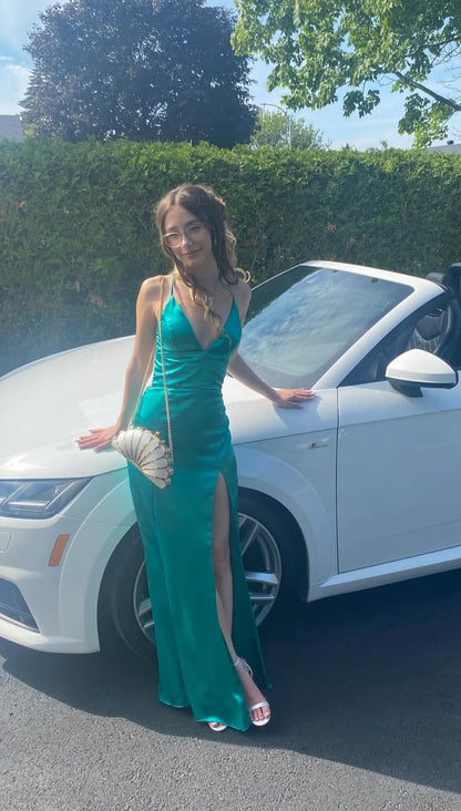Spaghetti Straps Green Long Prom Dress With Slit Satin Evening Dress J7870