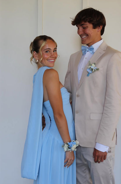 Strapless A Line Blue Chiffon Prom Dress Chiffon Graduation Dress J7879