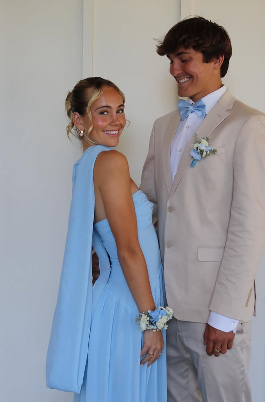 Trägerloses A-Linien-Ballkleid aus blauem Chiffon, Abschlusskleid aus Chiffon, J7879