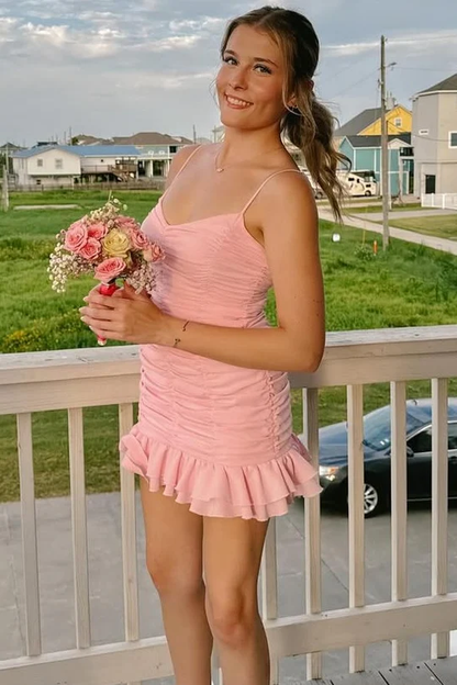 Spaghettiträger Rüschen Gerafftes Homecoming-Kleid J6985