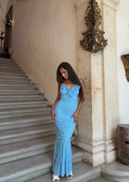 Robe de bal sirène plissée bleue, robe de soirée formelle pour invité de mariage J7027