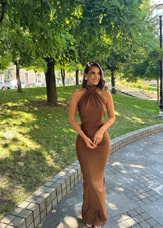 Neckholder-Kleid für Hochzeitsgäste, rückenfrei, braun, Ballkleid J7819