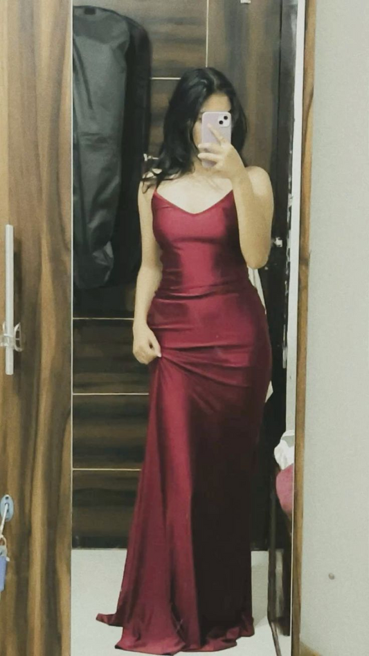 V Neck Mermaid Satin Long Party Dress Evening Dress Prom Dresses J8242