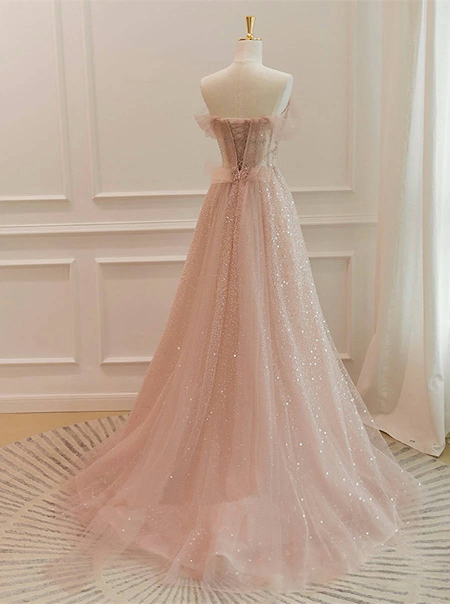 Rosa A-Linie Abendkleid Tüll Glitzerndes Ballkleid J6773