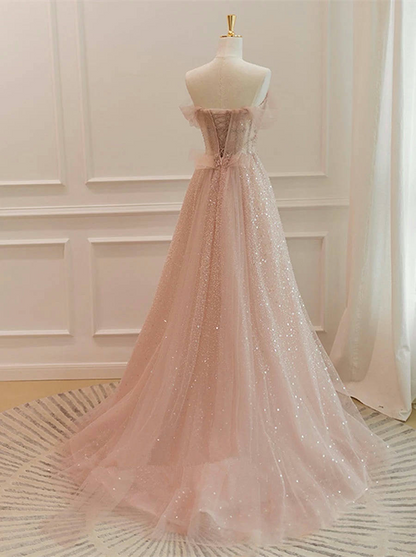 Rosa A-Linie Abendkleid Tüll Glitzerndes Ballkleid J6773
