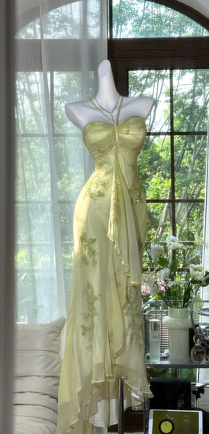 Robe de bal sirène verte à bretelles spaghetti, robe de soirée féerique J7293