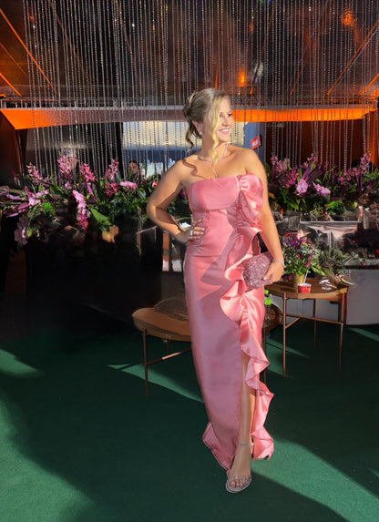 Strapless Pink Sheath Prom Dress Ruffle Wedding Guest Dress J7803