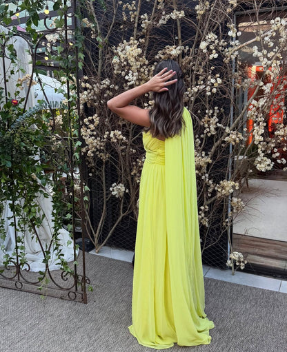 Sweetheart Yellow A Line Formal Prom Dress Chiffon Wedding Guest Dress J7020