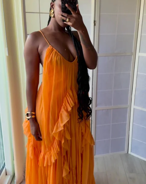 Spaghetti Straps Orange Ruffle Wedding Guest Dress J8829