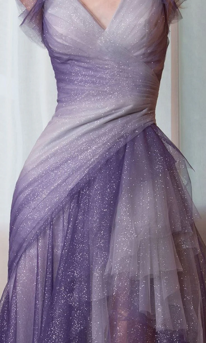 Glitter Purple Gradient Tulle Prom Dresses Ruffle Evening Gown J8760