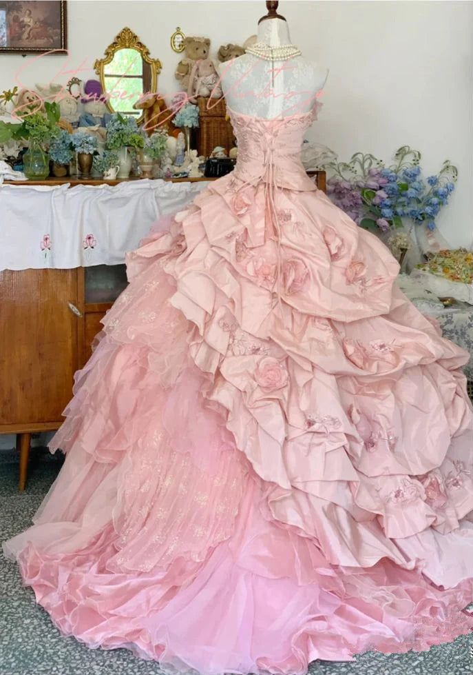 Pink 3d Flower Sweet 15 Quinceanera Ball Gown A-Line Birthday Dress Evening Dress J8066