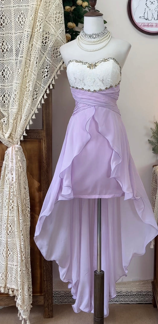 Robe de soirée trapèze lavande en mousseline de soie perlée J7053