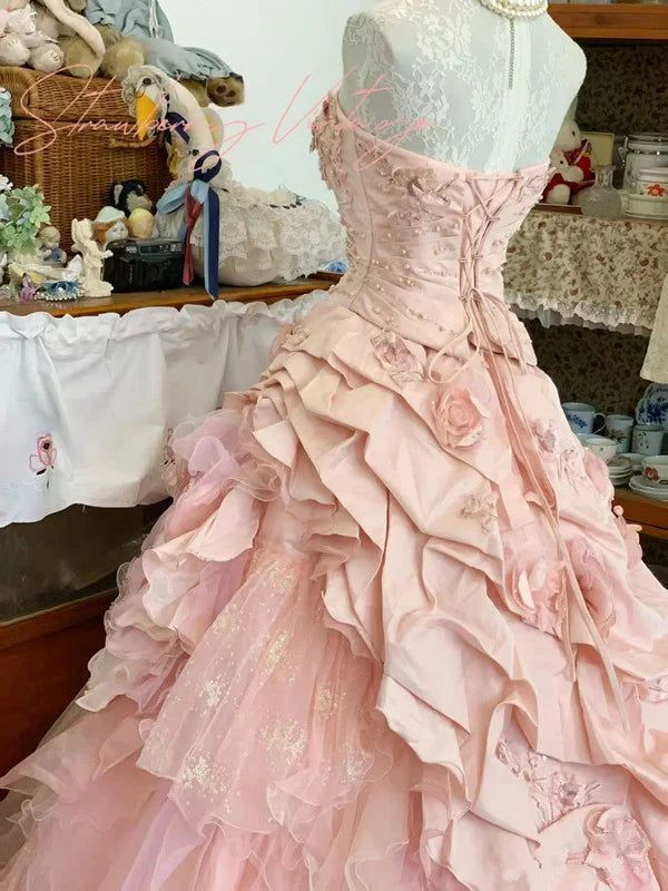 Pink 3d Flower Sweet 15 Quinceanera Ball Gown A-Line Birthday Dress Evening Dress J8066