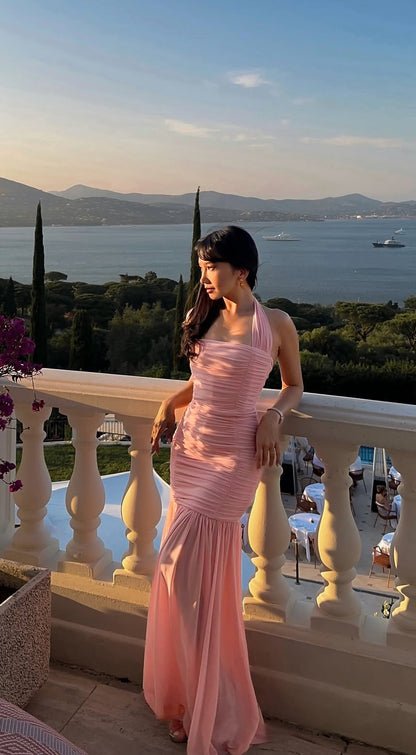 Halter Mermaid Pink Prom Dress Formal Evening Party Dress  J7200