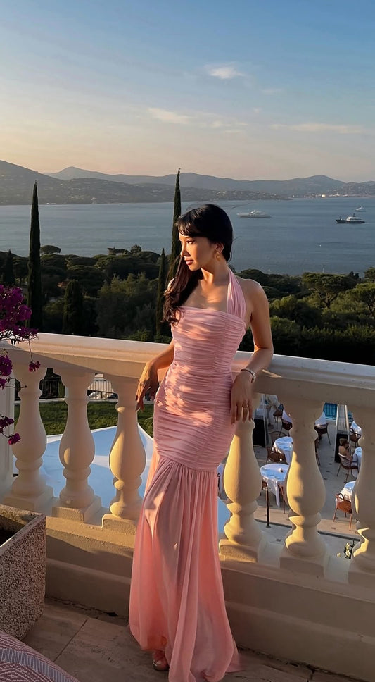Halter Mermaid Pink Prom Dress Formal Evening Party Dress  J7200