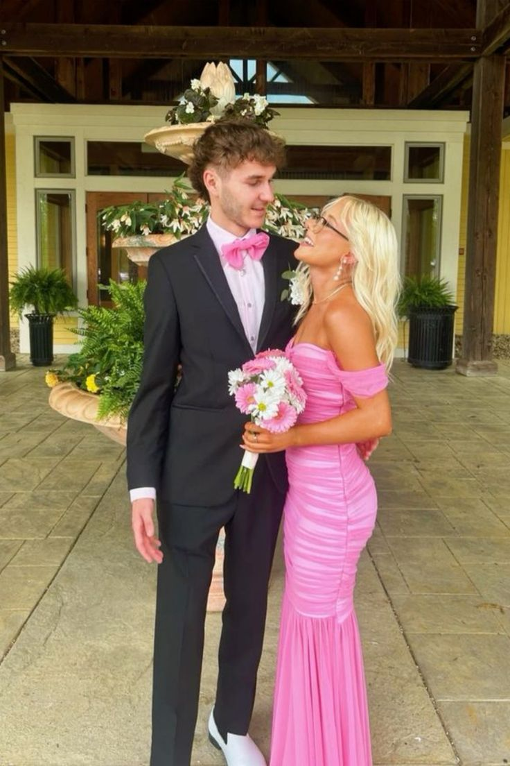 Robe longue rose froncée à épaules dénudées, robe de soirée sirène J8796